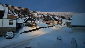 a snow covered street in a town with houses at Haus Blach in Kurort Oberwiesenthal