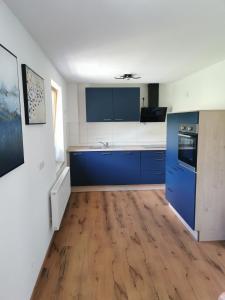 a kitchen with blue cabinets and a wooden floor at Appartement Sonnenrot in Sankt Lorenzen ob Murau
