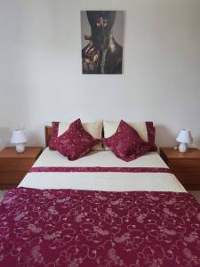 a bedroom with a bed with purple sheets and pillows at Cozy Mountain View in Glóssa