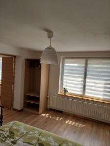 1 Schlafzimmer mit 2 Fenstern und einem Deckenventilator in der Unterkunft Les hirondelles in Laquenexy