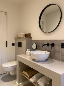 een badkamer met een wastafel, een toilet en een spiegel bij Stijlvol huisje met veranda! Tuynloodz A in Beers