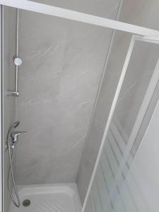 La salle de bains est pourvue d'une douche avec une porte en verre. dans l'établissement Gîte VILLA 34 Résidence Le Grand Bleu, à Vendres