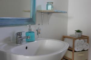 a bathroom with a white sink with a blue soap dispenser at Vila Selina in Eşelniţa +22 photos