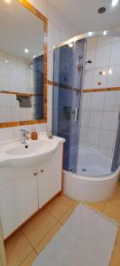 Un baño con ducha, lavabo y espejo. en Zaspa Apartament, en Gdansk