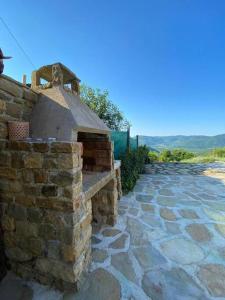 an outdoor brick oven sitting on a stone patio at Kuća Zanetta sa bazenom in Buzet
