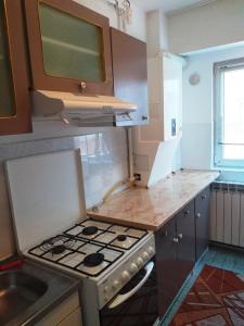 a kitchen with a stove and a sink at APARTAMENT MANGALIA ANTO in Mangalia