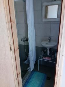 a bathroom with a shower and a sink at Seaside resort / Lemnos 