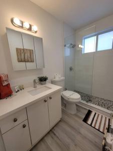 uma casa de banho com um WC, um lavatório e um chuveiro em Sol Miami #1 with free parking on premises em Miami