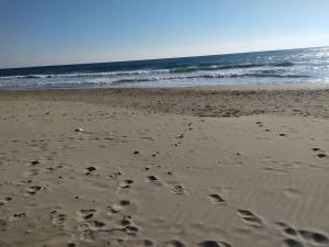 een strand met voetafdrukken in het zand en de oceaan bij b&b Poseidone in Alassio