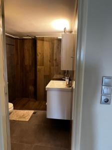 a bathroom with a white sink and a toilet at blue and green II in Chania Town