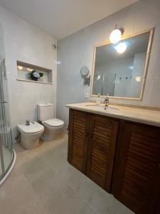 een badkamer met een toilet, een wastafel en een spiegel bij La Capilla in Ribadesella