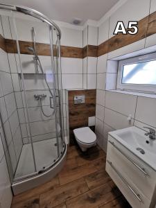 ein Bad mit einer Dusche, einem WC und einem Waschbecken in der Unterkunft DM APARTAMENTY Kościelna 54 in Mielno