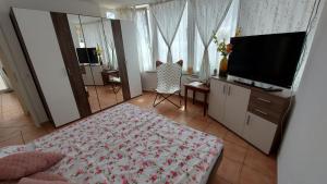 a bedroom with a bed and a flat screen tv at Apartments Violeta in Bled