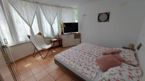 a bedroom with a bed and a chair and a television at Apartments Violeta in Bled