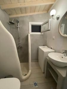 W łazience znajduje się prysznic, umywalka i toaleta. w obiekcie Babushka Apartments w mieście Olympiada