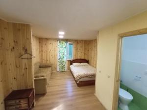 um quarto com uma cama e uma cadeira num quarto em Еко-садиба БАКОТА em Kolodiyevka