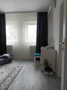 a living room with a bed and a window at Apartman Vervis Varaždin in Varaždin