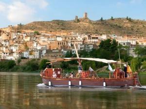 um barco na água em frente a uma cidade em Ca Serrulleta em Ascó
