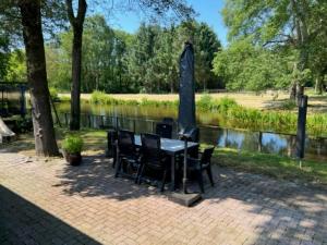 einen Tisch und Stühle in einem Park neben einem Fluss in der Unterkunft Restful Holiday Home with a Private Terrace and hottub in Veendam