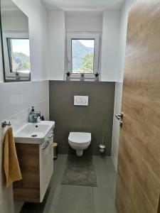 a bathroom with a toilet and a sink and two windows at Ferienwohnung Pilgram-Huber in Afritz
