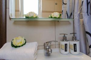 un lavabo con dos dispensadores de jabón. en Divine Apartments en Kounoupidhianá