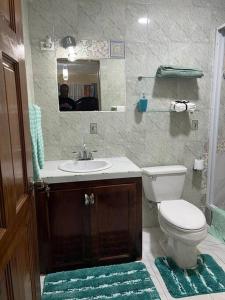 bagno con servizi igienici, lavandino e specchio di Coolworthy Cozy Retreat a Mandeville