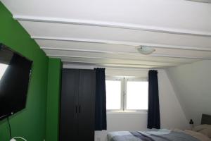 a bedroom with a green wall and a window at De Bosrand grenzend aan het bos in Castricum