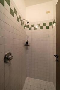 a bathroom with a shower with green and white tiles at Patio 15 - Pools, tennis and water sports in Iseo