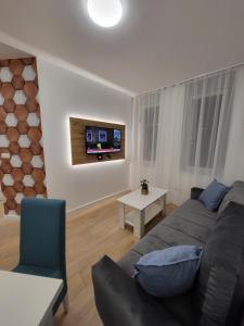 - un salon avec un canapé et une télévision dans l'établissement HARMONY Suites (Savska ulica), à Sajmište