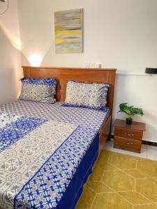 Schlafzimmer mit einem Bett mit einer blauen und weißen Bettdecke in der Unterkunft Appartement luxueux au cœur de la ville in Douala