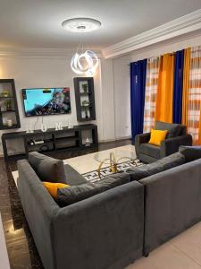 ein Wohnzimmer mit 2 Sofas und einem TV in der Unterkunft Appartement luxueux au cœur de la ville in Douala