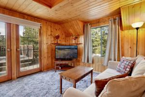 a living room with a couch and a tv at Pine Nest Relaxing Walk to Marina Cozy Chalet in Big Bear Lake
