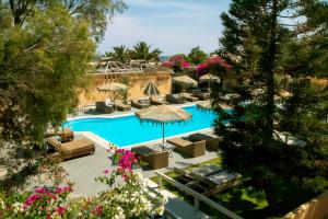 佩里沃羅的住宿－歡樂海灘酒店，享有带椅子和遮阳伞的游泳池的上方景致