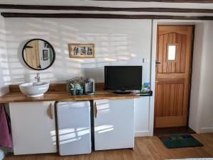 a bathroom with a sink and a television on a counter at Sunrise Studio in Colchester