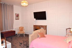a bedroom with a bed and a tv and a chair at Domaine de l'Hyères in Grandcourt