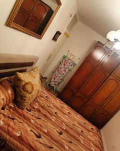 ein Schlafzimmer mit einem großen Bett und einem Spiegel in der Unterkunft Apartman stan na dan Sarajevo in Sarajevo