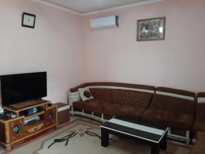 a living room with a couch and a tv at Liora's Vila in Laç