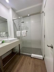 uma casa de banho com um chuveiro e um lavatório. em Hotel Mio Panamá na Cidade do Panamá