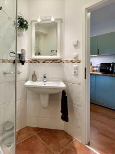 La salle de bains est pourvue d'un lavabo et d'un miroir. dans l'établissement Stilvolles Mikroapartment in Kehl Goldscheuer - 1A Guesthouse, à Kehl