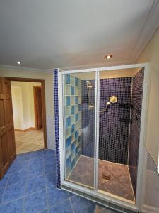 a walk in shower in a bathroom with blue tiles at Private peacefull pet friendly converted country cottage 