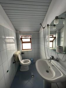 a bathroom with a sink and a toilet and a mirror at Apartments Hotel AL&DE in Velipojë