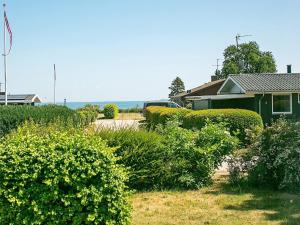 a yard with bushes and a house and the ocean at Holiday home Hesselager VII in Hesselager