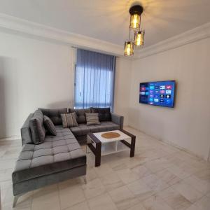 a living room with a couch and a tv at City View, Ennasr Spacious s2 Apartment in Ariana