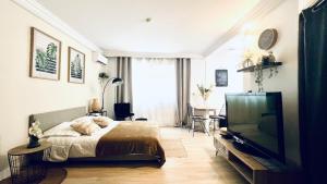 a bedroom with a bed and a flat screen tv at LE MIRAMAR Nice - Clim, Parking, Wifi et piscine in Nice