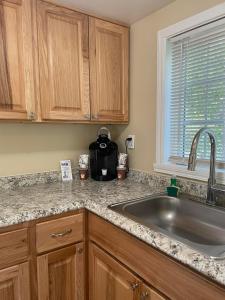 a kitchen counter with a sink and a microwave at The Grand Beach Inn in Old Orchard Beach