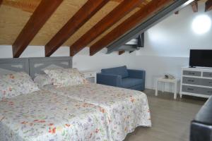 een slaapkamer met een bed, een tv en een stoel bij El Molino 3 in Muros de Nalón