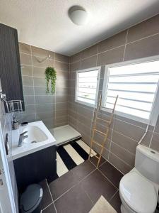 a bathroom with a sink and a toilet and a window at Wave Coconut Villa in Le Moule