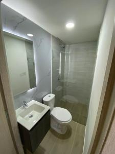 a bathroom with a toilet and a sink and a shower at HOTEL ESTADIO DORADO in Medellín
