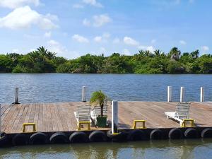 two chairs and a palm tree on a dock on the water at Gran Lençóis Flat Residen in Barreirinhas