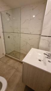 La salle de bains est pourvue d'une douche, d'un lavabo et de toilettes. dans l'établissement Departamento Rivadavia, à Olavarría